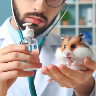 A dehydrated hamster is getting treatment from a veterinarian